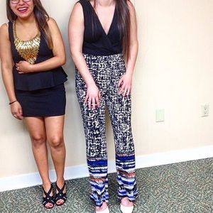 Wide leg black/white/brown/blue patterned jumpsuit